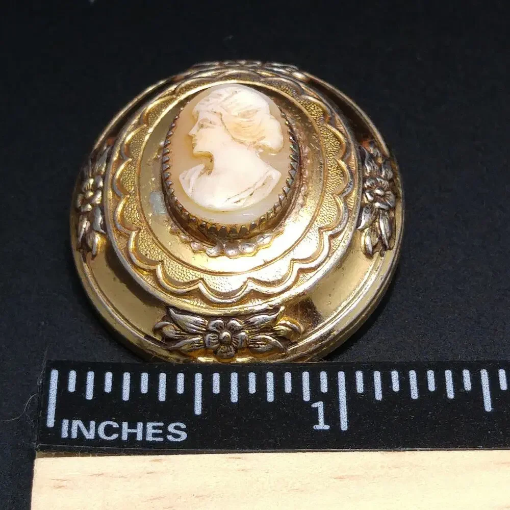 Coro Shell Carved Cameo Brooch, Gold Over Silver, 1950s Vintage Jewelry